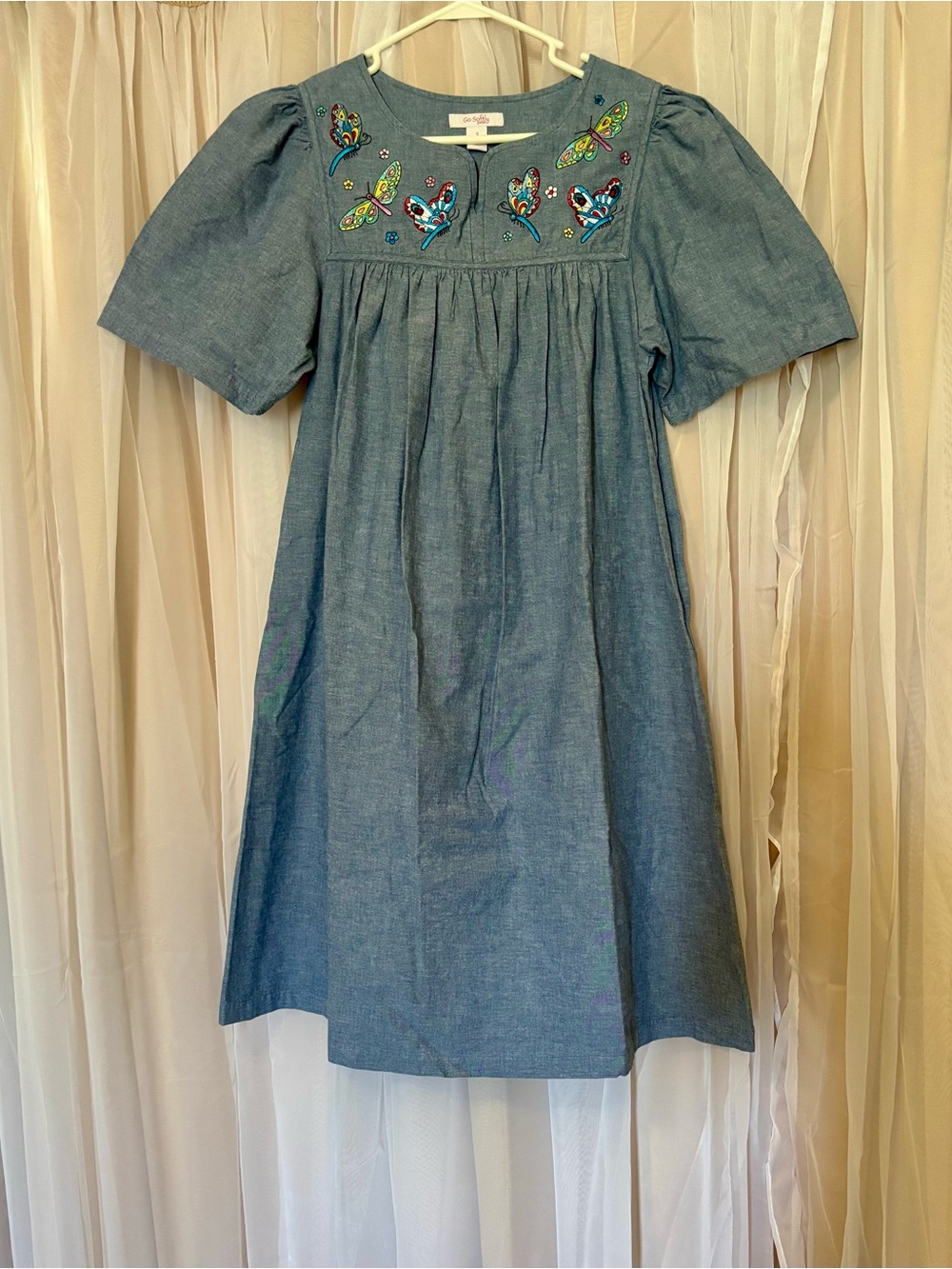 Vintage Go Softly Patio Size S Denim Dress Colorful Butterfly Embroidery Cotton